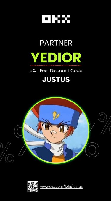 Black promotional graphic for OKX partner 'YEDIOR' offering a 5% fee discount code 'JUSTUS,' featuring an anime-style character in a blue hat and a QR code linking to okx.com/join/justus.