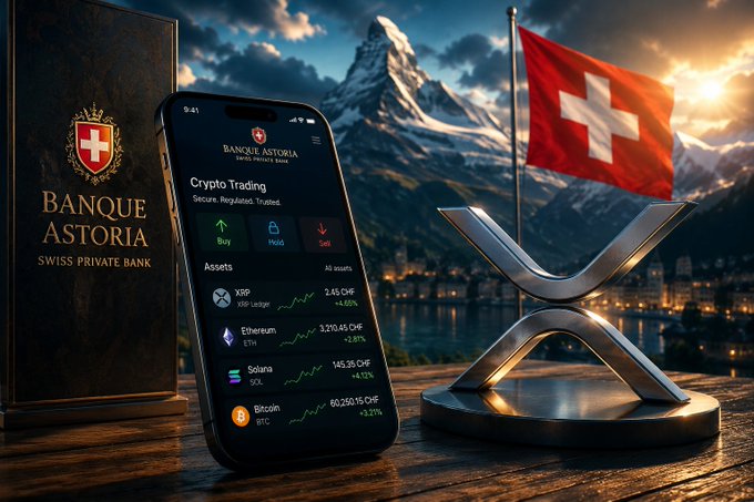 A smartphone displays Banque Astoria's crypto trading app featuring XRP (+4.65%), Ethereum (+2.87%), Solana (+4.72%), and Bitcoin (+5.27%) against a Swiss backdrop with the Matterhorn and a Swiss flag, illustrating the bank's new institutional cryptocurrency adoption—particularly relevant given XRP's leading position on their platform.