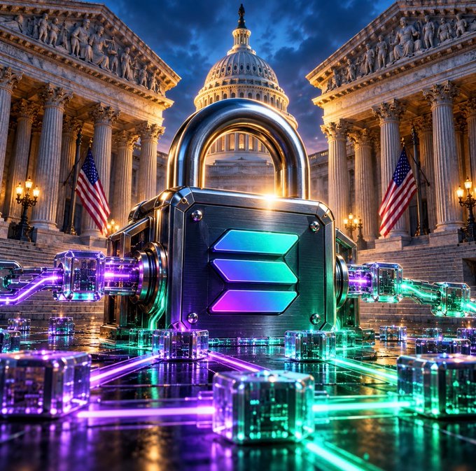 A large metallic padlock featuring the Solana logo (three angled stripes) sits in front of the U.S. Capitol building, symbolizing how crypto regulation is locking the industry into place. Glowing digital pathways radiate outward from the lock, representing blockchain networks and digital assets whose trajectory will be hard to reverse once SEC and CFTC rules are established.