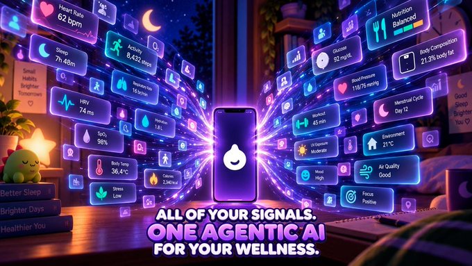 A colorful AI wellness app advertisement showing a smartphone surrounded by floating holographic data panels displaying health metrics like Heart Rate, Sleep, Activity, Glucose, and Nutrition, with text 'ALL OF YOUR SIGNALS. ONE AGENTIC AI FOR YOUR WELLNESS.'
