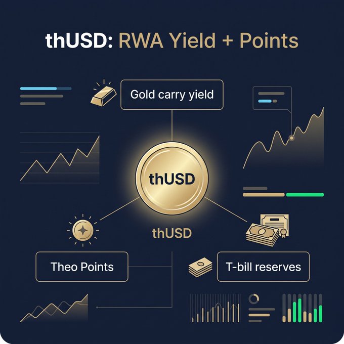 An infographic titled "thUSD: RWA Yield + Points" displays a central gold "thUSD" coin connected to three components: "Gold carry yield," "Theo Points," and "T-bill reserves," each accompanied by abstract chart and icon graphics. The diagram visually illustrates the post's point that Theo's thUSD stablecoin generates returns through real-world asset yields (gold carry and T-bills) rather than unsustainable token emissions, with Theo Points serving as an additional incentive layer.