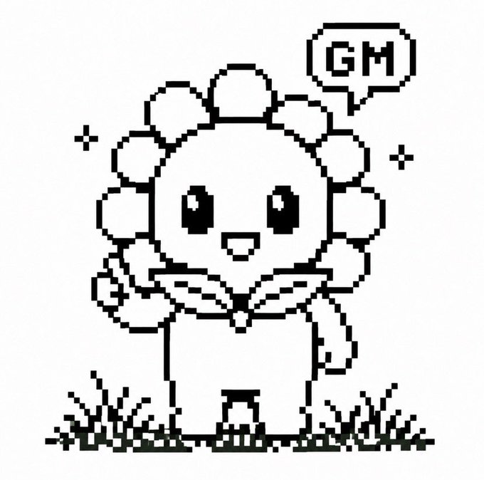 A pixelated character with cloud-like hair waves cheerfully with a "GM" (Good Morning) speech bubble while standing on grass. The image ties to the crypto-ticker's "$TOUCHGRASS" slogan and its message about stepping outside to enjoy unexpected, screen-free moments—encouraging followers to disconnect and embrace real-world experiences this Saturday.