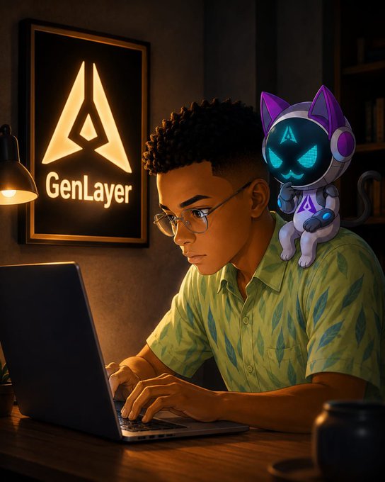 A digital illustration shows a young man with glasses working on a laptop, with a glowing 'GenLayer' logo on the wall behind him and a purple and white robotic cat perched on his shoulder.