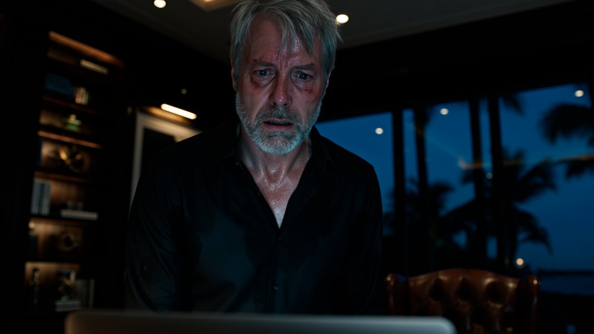 A distressed, sweating older man with graying hair stares intently at a laptop screen in a dimly lit office at night, his worried expression suggesting he's witnessing a significant financial loss—fitting the post's lament about missing out on Ethereum ($ETH) gains.