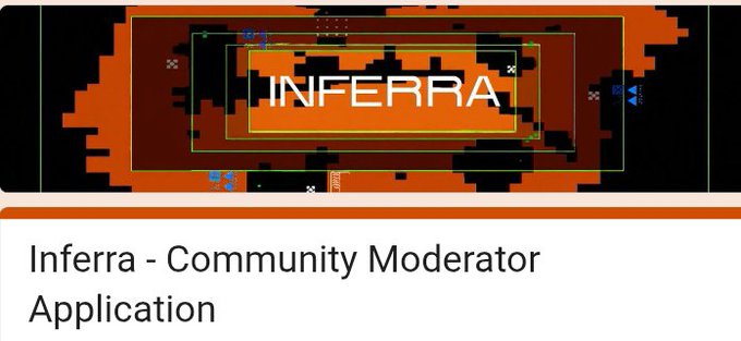 A header image for a 'Inferra - Community Moderator Application' featuring pixel art with the text 'INFERRA' overlaid.