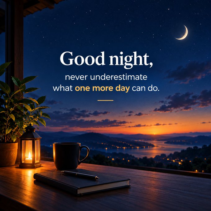 A serene nighttime scene with a coffee mug, lit lantern, and notebook on a wooden surface overlooking a coastal landscape, with text reading 'Good night, never underestimate what one more day can do.'