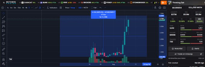 A dark-themed cryptocurrency trading chart for 'Thinking Cat' (PEPE10000X) showing a recent price pump with green candles.