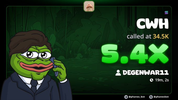 A crypto call channel graphic showing 'CWH called at 34.5K' with a 5.4x multiplier, featuring a Pepe the Frog character on the phone, attributed to user DEGENWAR11.
