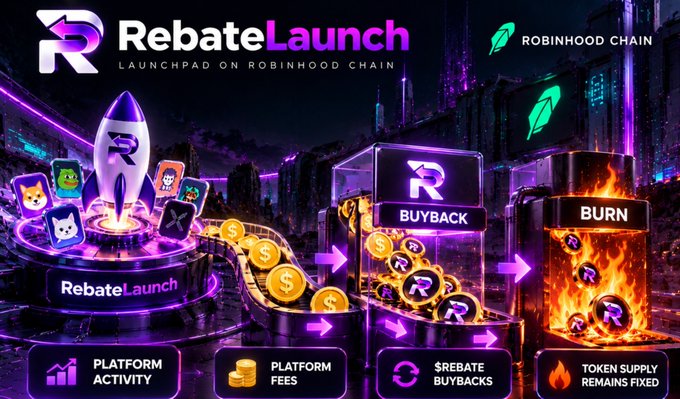 A promotional graphic for RebateLaunch, a launchpad on Robinhood Chain, illustrating a token buyback and burn process where platform activity and fees generate $REBATE buybacks, with text emphasizing that token supply remains fixed.