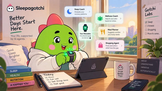 An illustration of a green dinosaur-like mascot checking a smartwatch, surrounded by labels including 'Sleepagotchi', 'Sleep Coach', 'Wellness Coach', 'Meal Planner', 'Shopping Agent', 'Gotchi Labs', 'Small Better Days', 'Better Days Start Here', 'Your life, supported by AI agents', and a to-do list with items 'Move', 'Eat well', 'Get things done', 'Feel good'.