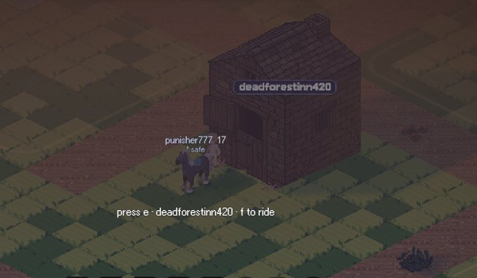 A screenshot from a pixelated game shows a small structure labeled "deadforestinn420" next to a character named "punisher777" on horseback, representing the "stable" mentioned in the post.