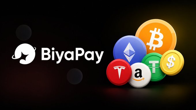 A BiyaPay promotional graphic showing the company's logo alongside icons of various cryptocurrencies (Bitcoin, Ethereum, Tether) and a Tesla logo.