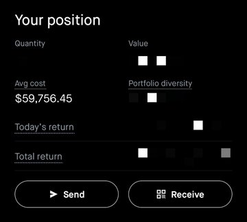 A dark-themed mobile app screenshot showing a cryptocurrency portfolio summary labeled "Your position," featuring an average cost of $59,756.45, along with Send and Receive buttons. The image relates to the post about timing in life by displaying a BTC holding detail screen, emphasizing the importance of when you buy Bitcoin, as the average cost basis reflects one's entry timing.