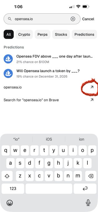 An iOS Safari browser search for 'opensea.io' displaying prediction market results with 21% and 19% chance odds, with the direct link to opensea.io circled in red marker.