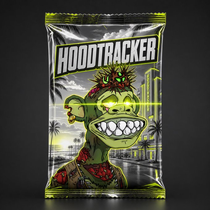 A collector card or packaging design labeled 'HOODTRACKER' featuring a green zombie monkey character with a spiked headpiece and a wide grinning smile, set against a tropical city backdrop.