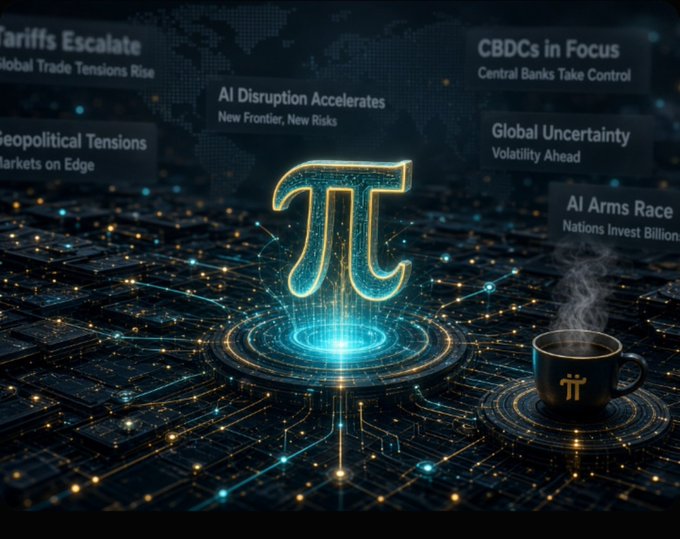 A futuristic digital illustration featuring a glowing Pi (π) cryptocurrency symbol in the center, surrounded by headlines including 'Tariffs Escalate', 'AI Disruption Accelerates', 'CBDCs in Focus', and 'Global Uncertainty', with a steaming coffee mug also bearing the Pi logo.
