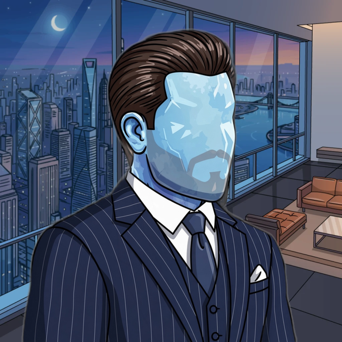 A stylized illustration depicts a faceless man in a navy pinstripe suit standing before floor-to-ceiling windows overlooking a moonlit cityscape, embodying the polished "Suits" aesthetic tied to the upcoming SuitsOnHood NFT mint at PutTheSuitOn.xyz. The faceless, chrome-like visage symbolizes the anonymity of crypto culture as the "Suits" prepare to take over the trenches.