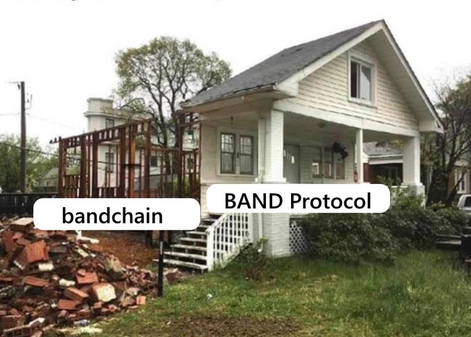 A photograph of a damaged white house with two labels overlaid: 'bandchain' on the left side over a collapsed structure, and 'BAND Protocol' over the intact main house.