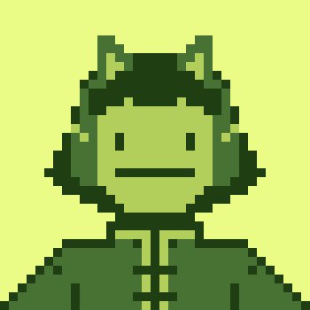 A pixel art portrait of a character with green hair and cat-like ears, wearing a green outfit against a light green background.