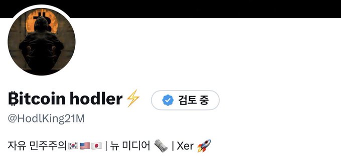 A Twitter/X profile page for 'Bitcoin hodler ⚡' (@HodlKing21M) with a verified badge, Korean name 검토중 (Under Review), and bio reading '자유민주주의 🇰🇷🇺🇸🇯🇵 | 뉴미디어 📰 | Xer 🚀'.