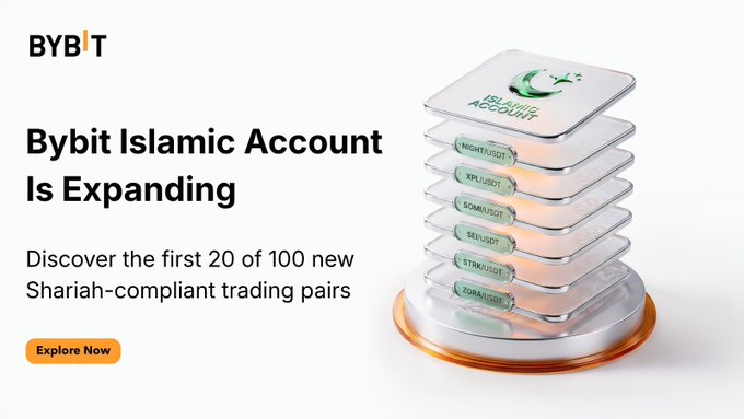 Advertisement for 'Bybit Islamic Account Is Expanding', promoting the first 20 of 100 new Shariah-compliant trading pairs (NIGHTUSDT, XPLUSDT, SOMAUSDT, SEILUSDT, STRKUSDT, ZORAUSDT) with an 'Explore Now' button.