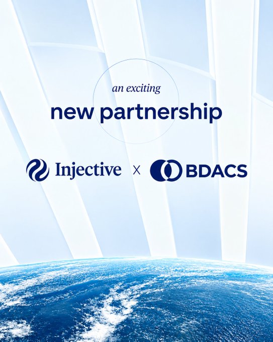 A partnership graphic reads “an exciting new partnership” above the logos “Injective X BDACS,” with Earth visible at the bottom.