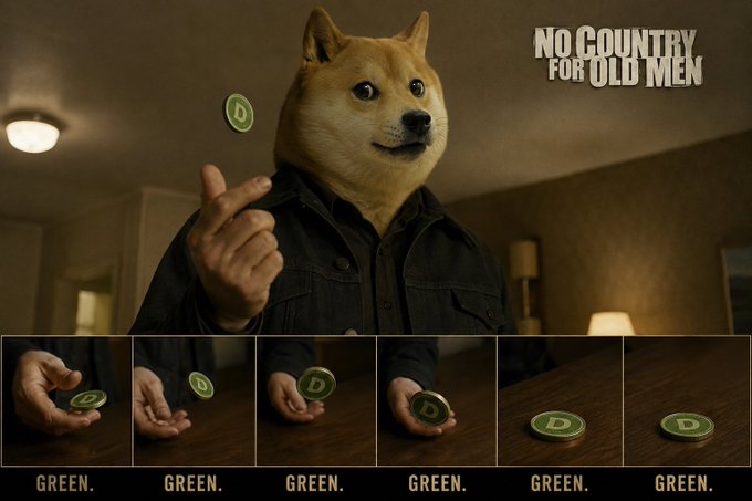 A Doge meme reimagined as the coin flip scene from "No Country for Old Men" shows the Shiba Inu character flipping a green Dogecoin, landing on "GREEN" across six sequential frames. The image playfully visualizes the post's claim that $DOGE always lands on green, humorously suggesting it's a guaranteed one-dollar crypto.