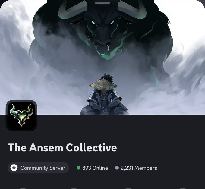 Discord community server banner for 'The Ansem Collective' featuring artwork of a samurai beneath a glowing green-eyed beast in clouds, showing 893 Online and 2,231 Members.