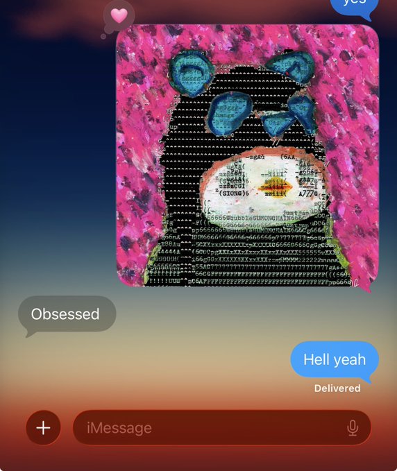 An iMessage conversation screenshot showing a glitchy pink digital art image of a bear, with messages reading 'Obsessed' and 'Hell yeah' (Delivered).