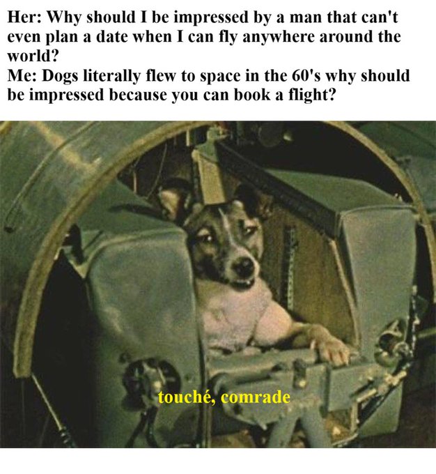 A meme featuring a dog in a spacecraft with the caption: 'Her: Why should I be impressed by a man that can't even plan a date when I can fly anywhere around the world? Me: Dogs literally flew to space in the 60's why should be impressed because you can book a flight? touché, comrade'.