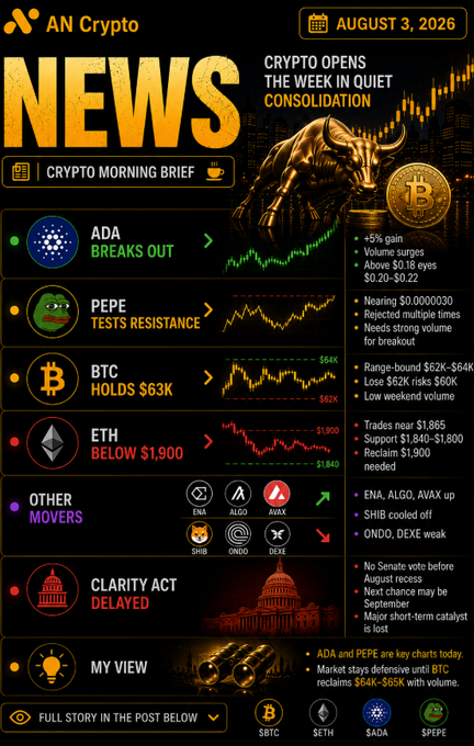 A crypto morning brief from AN Crypto dated August 3, 2026, headlined "CRYPTO OPENS THE WEEK IN QUIET CONSOLIDATION," featuring a bullish graphic with a Bitcoin coin and bull imagery. The dashboard highlights ADA breaking out with +5% gains and surging volume eyeing $0.20-$0.22, PEPE testing resistance near $0.0000030, BTC holding $63K in a $62K-$64K range with low volume, ETH trading near $1,865 below the $1,900 support level, the Clarity Act being delayed with no Senate vote before August recess, and other movers including ENA, ALGO, AVAX, SHIB, ONDO, and DEXE. The image aligns with the post's narrative of quiet market consolidation led by ADA's unexpected breakout.