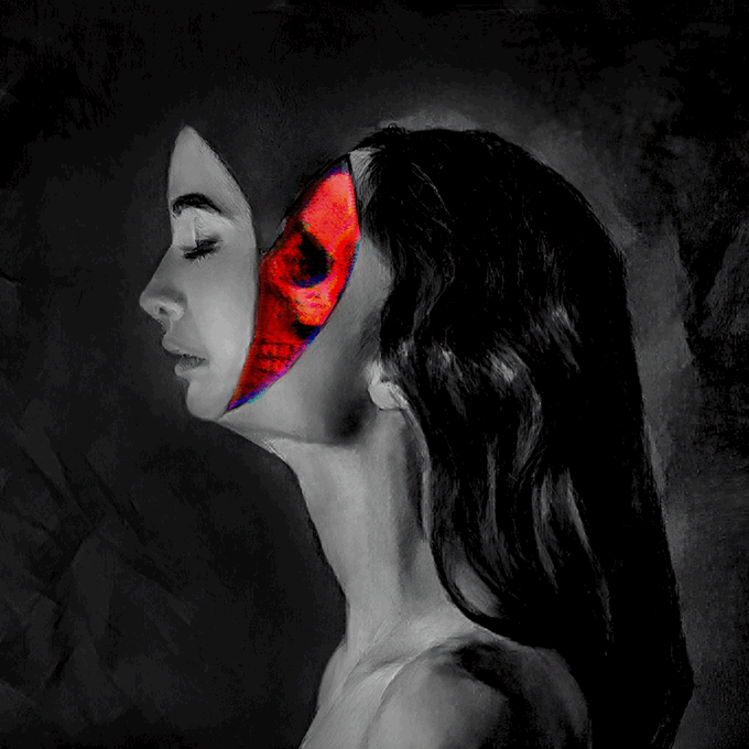A black and white artistic portrait of a woman in profile, with a vivid red and purple glitch-effect abstract shape covering the back of her head and neck.