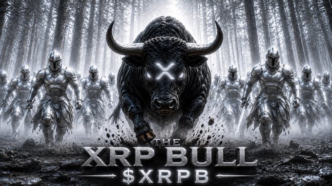 A dramatic, dark fantasy-style image features a powerful armored bull with glowing "X" eyes charging forward, flanked by ranks of armored knights in a misty forest, with the text "THE XRP BULL $XRPB" displayed prominently below — visually reinforcing the post's hype about a new XRP-themed token (CA: 9nFg29ih7DMJ3vhuJwgGGJngydvz6D9rVmzwUcK5pump).