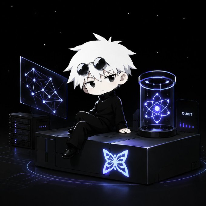 A chibi-style character with white hair and sunglasses sits on a glowing platform alongside an atom symbol in a glass cylinder and a network diagram screen, with "QUBIT" displayed on a monitor—visually echoing the post's emphasis on QuipNetwork's early positioning in quantum computing before the crypto-AI narrative shifts.