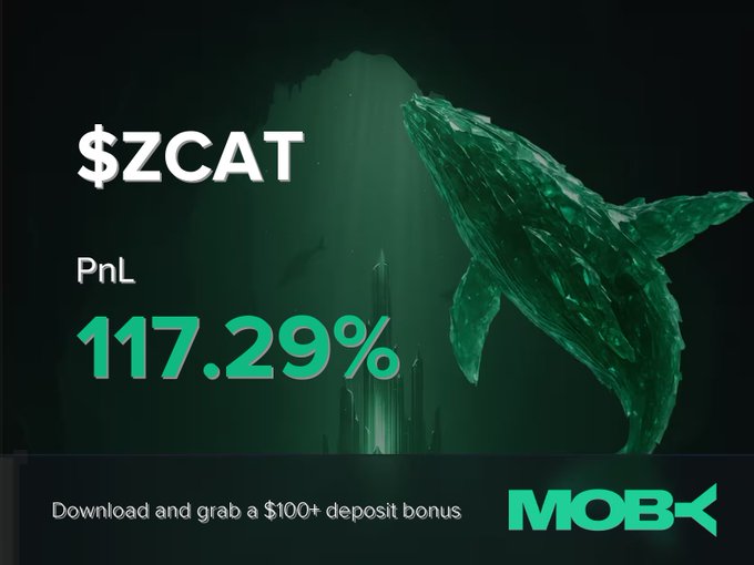 A dark green promotional image featuring a stylized whale and "$ZCAT" alongside a PnL of "117.29%", with the "MOBY" logo and text "Download and grab a $100+ deposit bonus" at the bottom—advertising Moby's mobile app and celebrating a profitable $ZCAT trade.