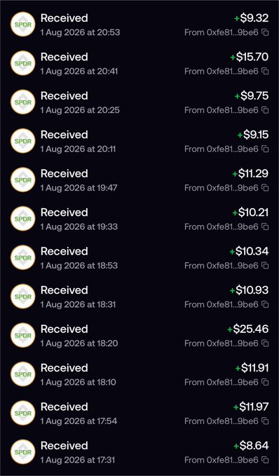 A transaction history screen displays multiple SPOP "Received" entries dated 1 Aug 2026 from 0xfe81_9be6, with amounts ranging from $8.64 to $25.46.