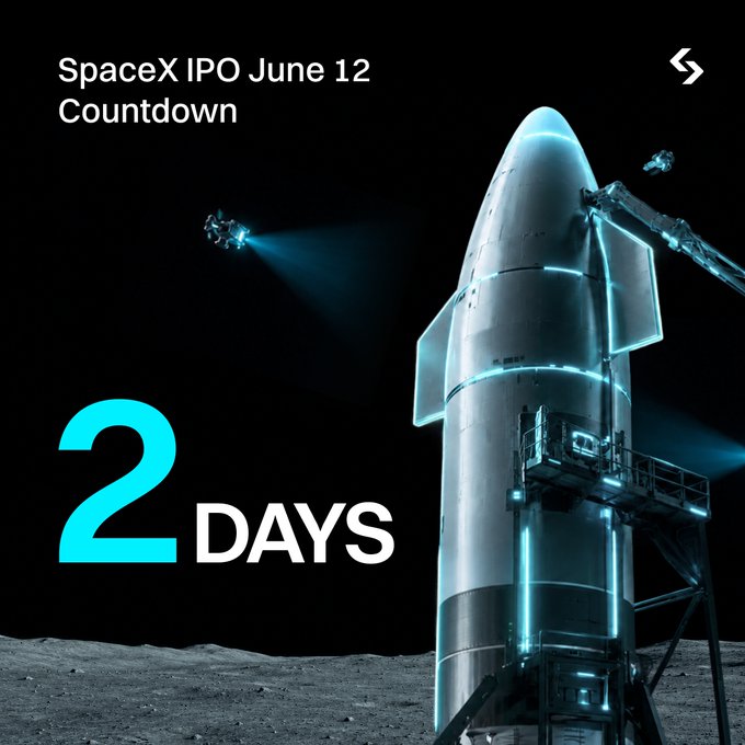 The image features a large rocket, possibly an SPCX satellite, set against a black background with some light blue color accents. The caption of the image states that there are two days left before the IPO (Issues Closing).