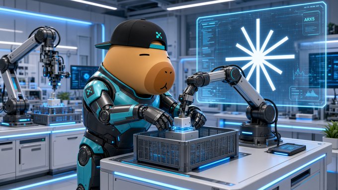 A 3D-rendered cartoon monkey character wearing a cap and futuristic suit works with a robotic arm at a high-tech workstation.