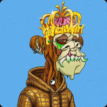 A digital NFT-style illustration of a skeleton figure with green-tinted teeth wearing a golden crown and an orange hoodie against a blue background.
