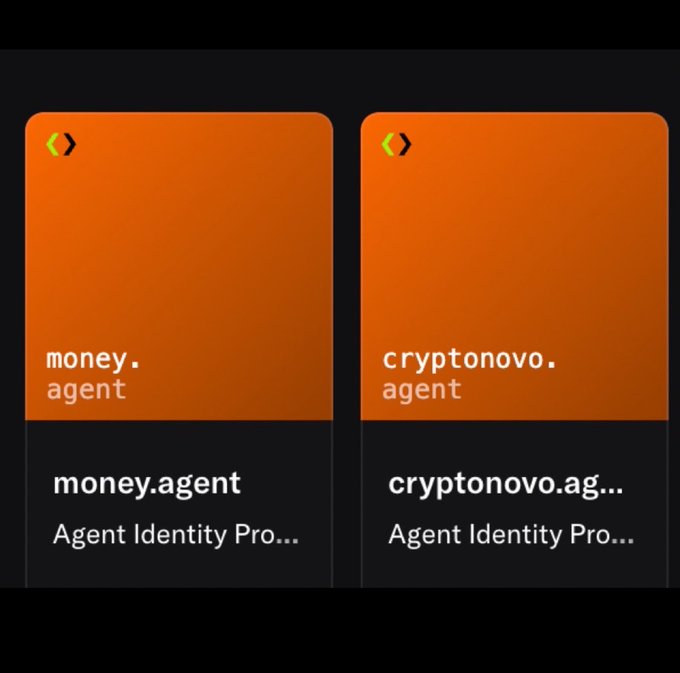 Two orange and black cards displayed side by side, labeled 'money.agent' and 'cryptonovo.agent', both marked as 'Agent Identity Pro...'.