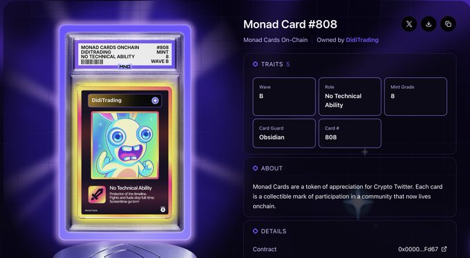 A digital collectible interface displaying "Monad Card #808" owned by "DidiTrading," featuring a B-Wave card with "No Technical Ability" trait, a Mint Grade of 8, and an Obsidian card guard—visually representing the Monad Cards NFT mentioned as an invitation requirement for the Perpl trading competition and airdrop farm.