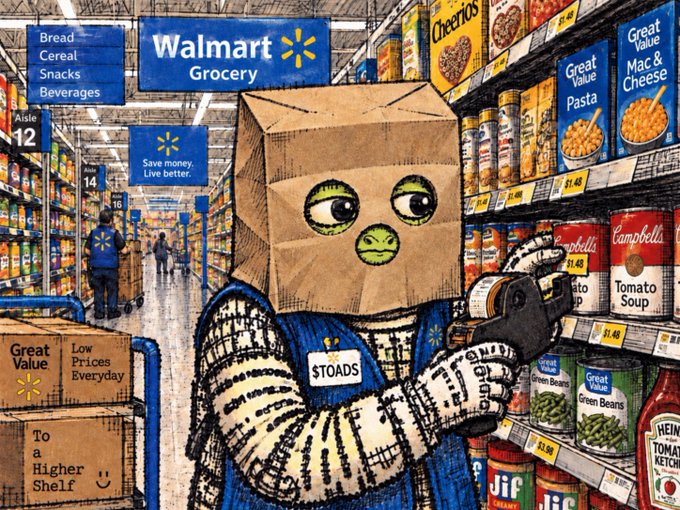 An illustration of a robot-like figure with a cardboard box head wearing a Walmart employee vest, holding a price gun in a grocery store aisle lined with Campbell's soup cans and Great Value products.