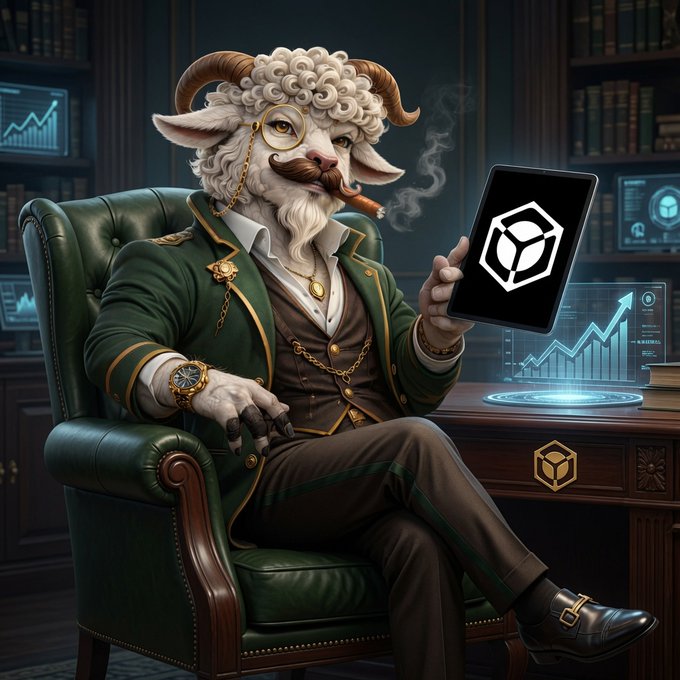 An anthropomorphic sheep with curly wool, glasses, and a mustache sits in a green leather chair smoking a cigar, holding up a tablet that displays a 3D cube logo, with a holographic chart hovering on a nearby desk.