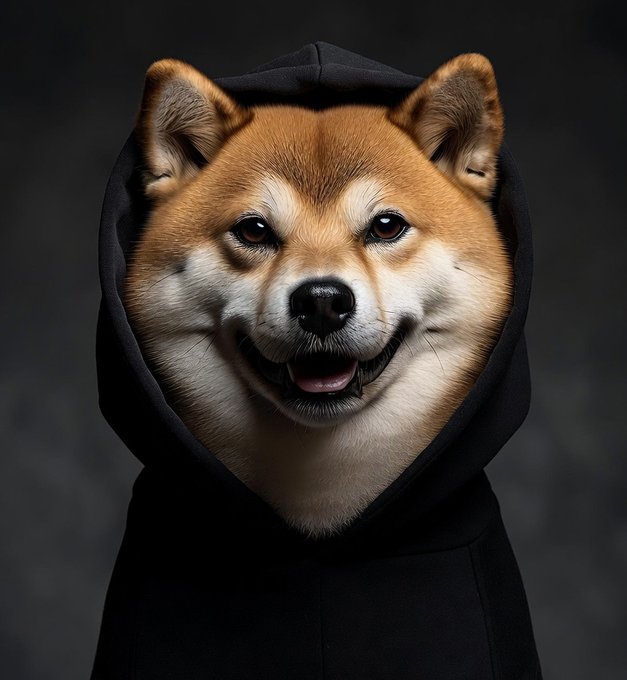 A photorealistic image shows a smiling Shiba Inu dog wearing a black hoodie against a dark gray background.