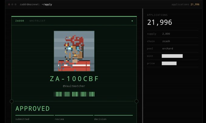 A digital interface displays a pixel art image and the text 'ZADOR whitelist', 'ZA-100CBF', '@VaultWatcher', and 'APPROVED', with statistics like 'APPLICATIONS 21,996' on the right.