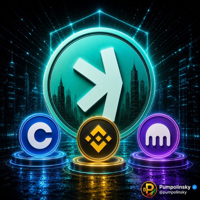 A futuristic digital artwork by Pumpolinsky (@pumpolinsky) featuring the Kyber Network (KNC) logo prominently in the center, surrounded by the CoinMarketCap, Binance, and Kraken cryptocurrency logos on glowing pedestals.