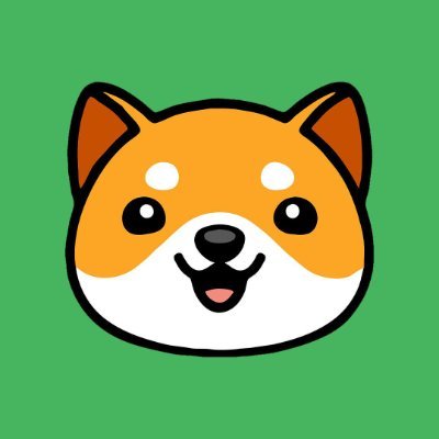 A cute cartoon Shiba Inu-style dog face, resembling the Baby Doge meme, set against a bright green background—used to promote purchasing BabyDoge on Binance.