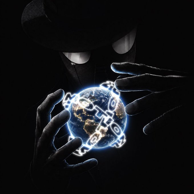 A shadowy figure wearing a wide-brimmed hat and a mask conceals their identity while holding a glowing Earth marked with intricate circuitry and numbers, symbolizing hidden control, secrecy, or a player behind the scenes of the global $motion movement, aligning with the post's cryptic message of doing "anything and everything" and a strategic pivot to social trading.