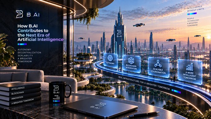 A promotional image for 'B.AI' showing a futuristic cityscape viewed through a window, with text 'How B.AI Contributes to the Next Era of Artificial Intelligence' and floating holographic panels displaying 'AUTONOMY', 'BLOCKCHAIN INTEGRATION', 'SCALABLE COORDINATION', and 'A MORE INTELLIGENT TOMORROW'.