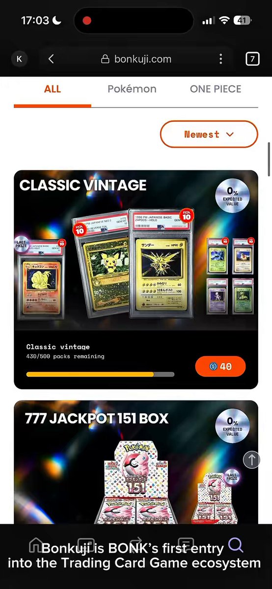 The image shows a phone screen displaying a Pokémon trading card game app called "BONK! JUNK! JUNK!". The app has two main sections, one for classic vintage cards and another for newer ones. There are several cards available in both categories, including a pink Pokémon card with a gold Pokémon card on the left side of the screen. The post also mentions that the game is going full beast mode, which means players can experience the game's full power and intensity. It seems like the app has just launched or is about to launch for its whitelisted members, as indicated by the caption "BONK! JUNK! JUNK!".